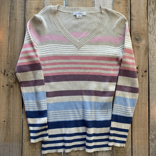 Liz Claiborne Col V Beige Rayé Pull Femmes Taille M