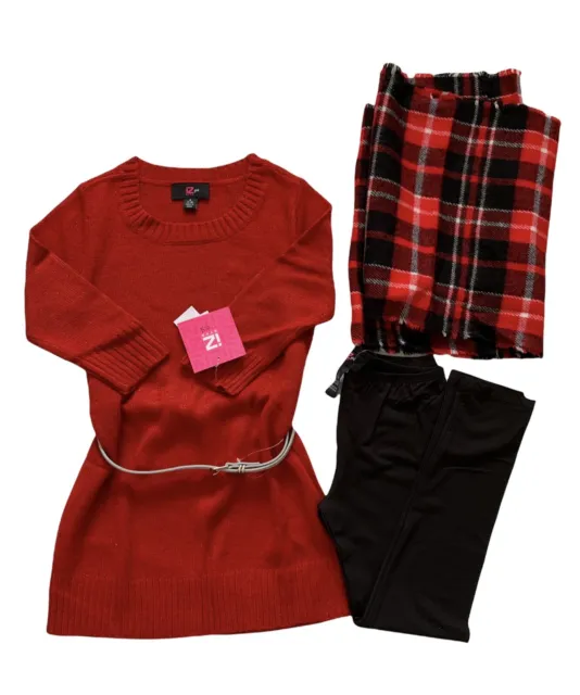 IZ Byer Girl's Size S (7-8) Red Glitter Accent Knit Tunic Legging & Scarf Set