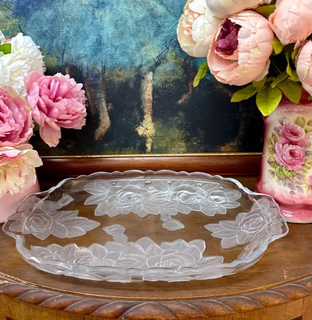 Gorgeous Mikasa Winter Rose Pattern Floral Frosted Glass Handled Serving Platter