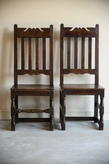 Pair Antique Rustic Country 18th Century Oak Hall Occasional Side Chairs