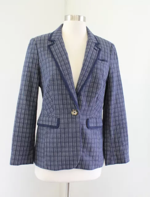 Boden Womens Blue Beige Tan Tweed One Button Cotton Blazer Jacket UK 10R US 6R 6