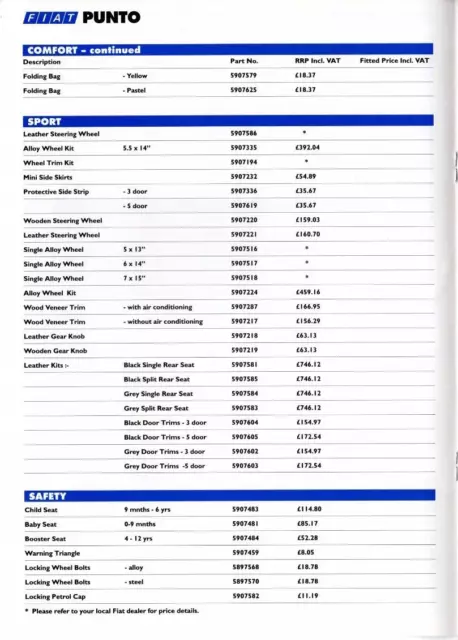 Fiat Punto Accessories Part Numbers & Prices 1994 UK Market Sales Brochure 2