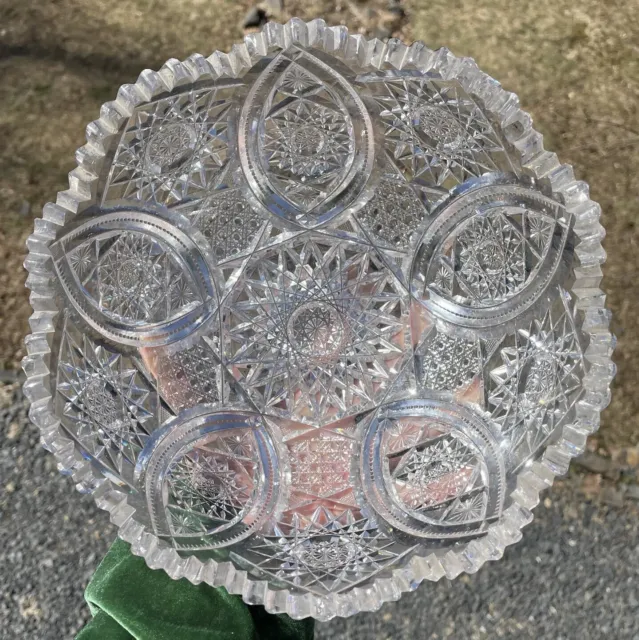 9" X 4" Antique American Brilliant Period Cut Glass Bowl Vesica Stars