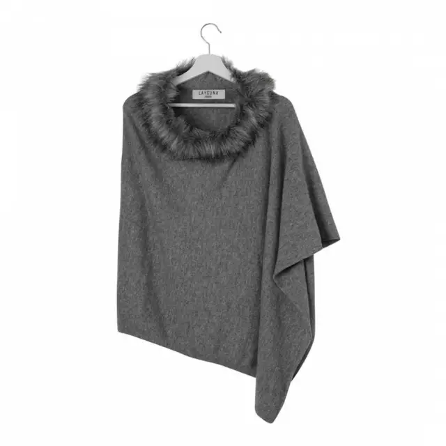 Laycuna 100 % Kaschmir Dreieck grau Poncho Pelzborte Einheitsgröße UVP £ 225 NEU