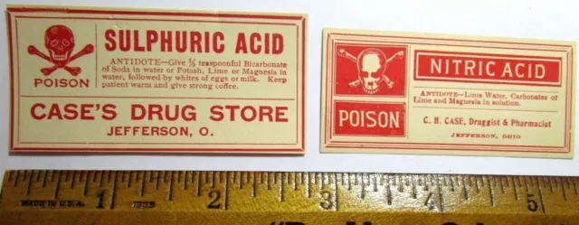 Jefferson OHIO - C.H Case's Drug Store TWO POISON LABELS WITH ADHESIVE - E9E-38