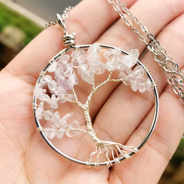 Natural Rock Quartz Gems Tree Of Life Necklace Chakra Reiki Healing Amulet