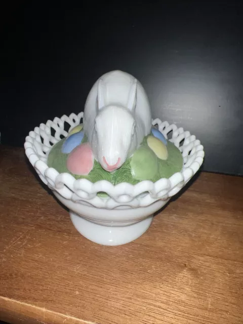 Westmoreland Milk Glass Bunny Rabbit on Nest with Colored Easter Eggs Candy Dish 2