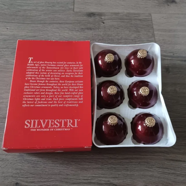 6 Burgundy Vintage 3" Glass Ball Ornaments by Silvestri in Box