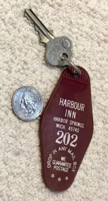 Vintage Motel Hotel Room Key and Fob HARBOUR INN Room 202, HARBOR SPRING, MICH.