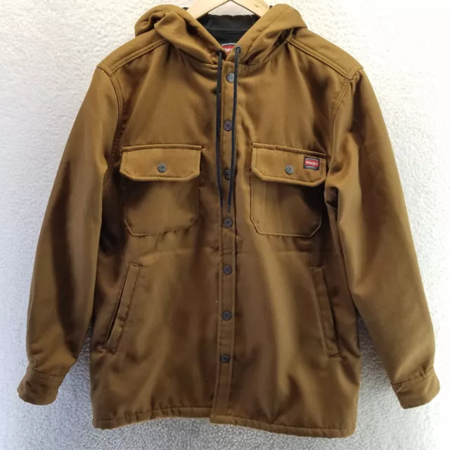 Wrangler Workwear Jacket Mens Small Brown Button Canvas Hooded Sherpa Chore Barn