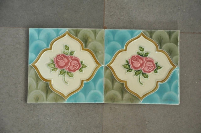 2 Pc Vintage Colorful Fine H&R Johnson Mark Flower Design Ceramic Tile,England