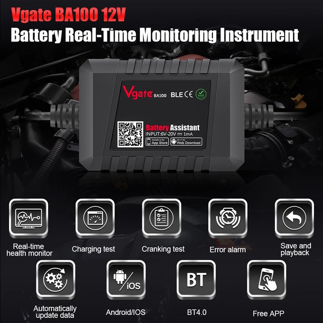Bluetooth Battery Monitor Vgate BA100 6~20V Battery Tester Voltage Meter Tester
