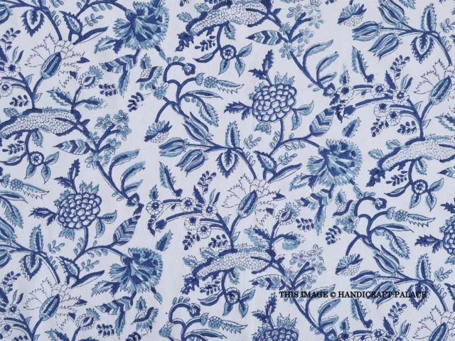 10 Yard Indian Blue Floral Hand Block Print Cotton Fabric Dressmaking Sewing Art