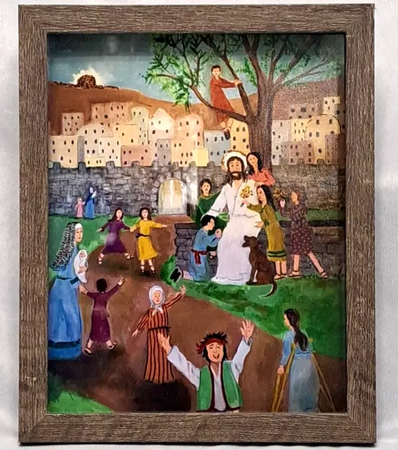 Original Art Oil Painting Artist Signed "Jesus And The Children" In Shadow Box