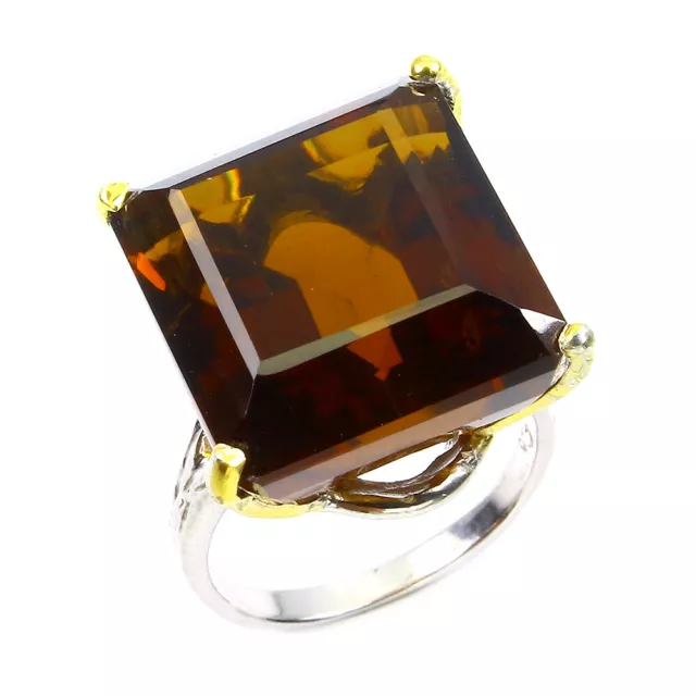 Handcrafted Octagon Unheated AAA Cognac Quartz 30.2ct 925 Sterling Silver Ring 7