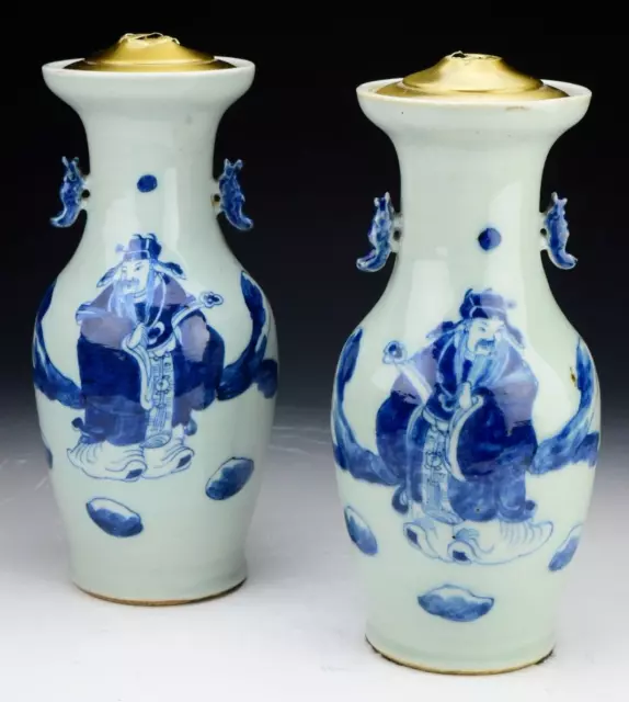 Pair 19th Century Chinese Celadon Porcelain Vases Underglaze Blue Characters