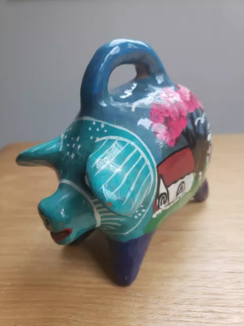 Vintage Mexican Folk Art Ceramic Painted Pottery Pig Piggy Bank teal, blue