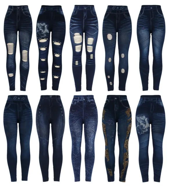 New Womens Stretchy Thick Denim Print Denim Look Ripped Skinny Legging Jeggings