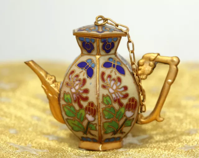 Charming Vintage Quality Champleve Cloisonne Miniature Coffee Pot With Lid