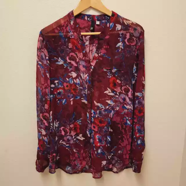 KUT from the Kloth Maroon Floral Sheer Button Down Top Blouse Women's Size L