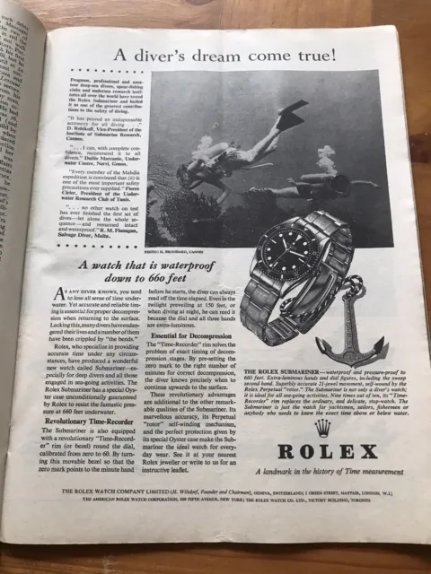 1958 Rolex Watch Submariner Advert Scuba Diver Print Original Vintage + Tissot