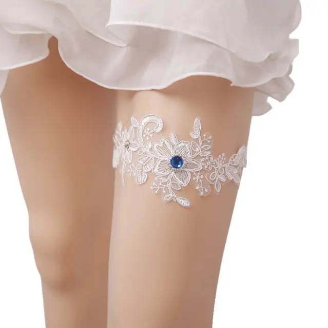 Wedding Garters for Bride Bridal Lace Garter Set with Blue Rhinestone