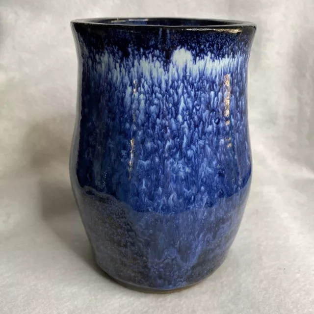 Vase Pot Pottery Art Studio Blue Drip Glaze Signed Hand Thrown 6"