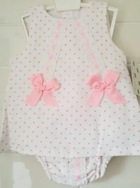 Beautiful Baby Girls Spanish Style Pink Spot Slotted Ribbon Dress & Bloomer Set
