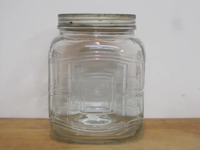 Vintage Kitchen Hoosier Cabinet Square Glass Gallon Sz Canister Jar w Metal Lid 3