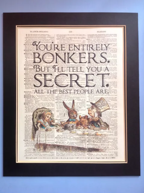 Alice Wonderland Tea party Bonkers Secret Gift Idea Antique Dictionary Page Art