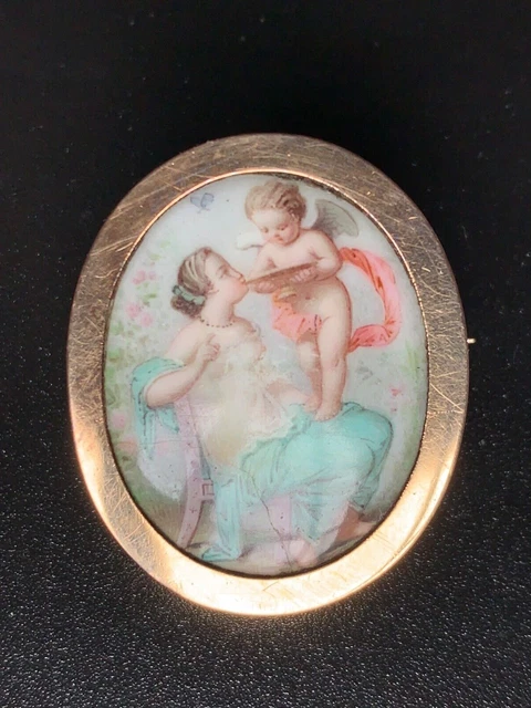 Fabulous French Antique 18k 750 Solid Gold Brooch Hand painted on Cameo -Cupid