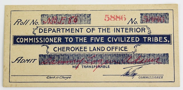 Department of The Interior Cherokee Land Office Ticket 1890s? 5 Civilized Tribes