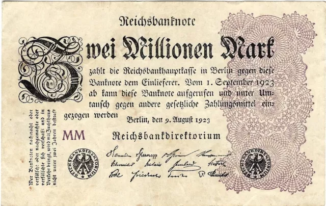 Reichsbanknote 2 Millionen Mark 1923 Reichsbank DEU-116a Ro.103a P-104c