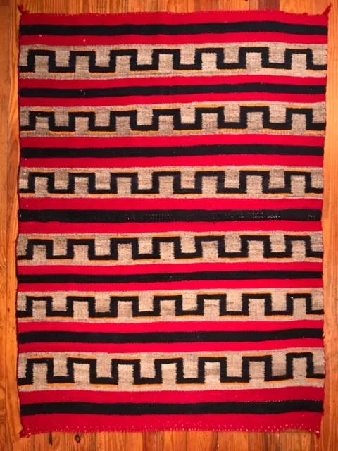 Outstanding Historic Child’s Blanket-Dark Blue&Orange Meanders-Wedge Edges,C1885