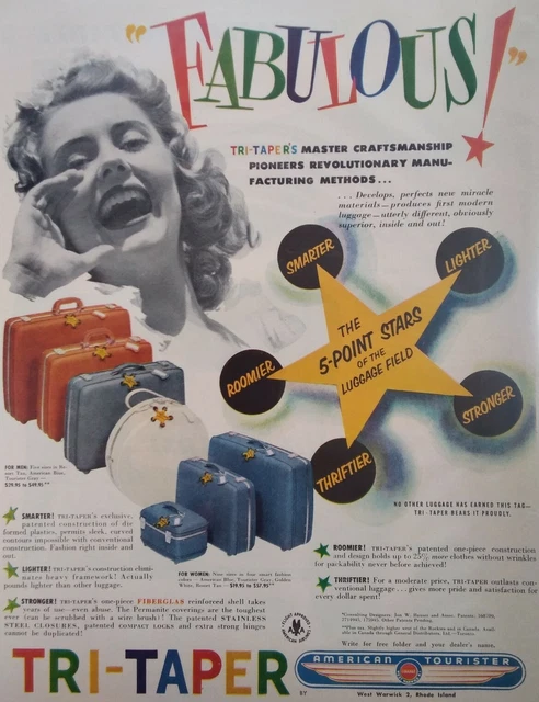 American Tourister Luggage Print Ad Original Vintage 1950s Tri-Taper Pretty Girl