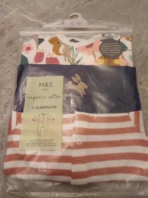 M&S Baby Organic Cotton 3pk Sleepsuits 3-6 Months With Scratch Mitts