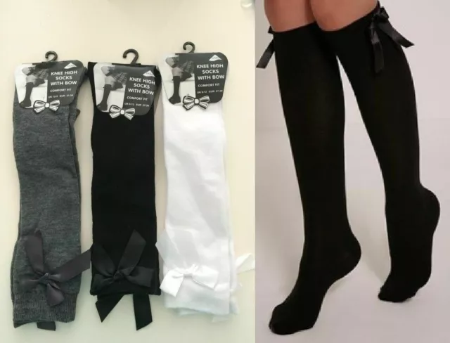 Girls Cotton Knee High School Socks with Bow - Sizes 1, 3, 6 & 12 Pairs