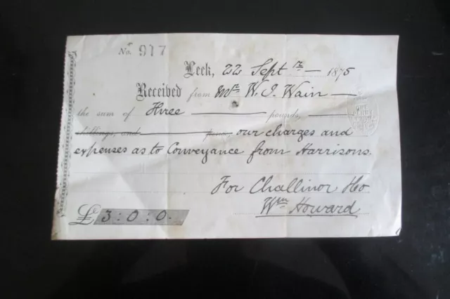 1875 Leek Derbyshire Stamped One Penny Receipt For Conveyance From Harrisons