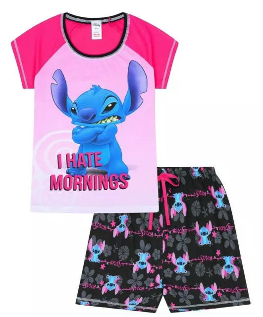 Womens Disney Lilo and Stitch I HATE MORNINGS SHORT Ladies Pyjamas Pjs
