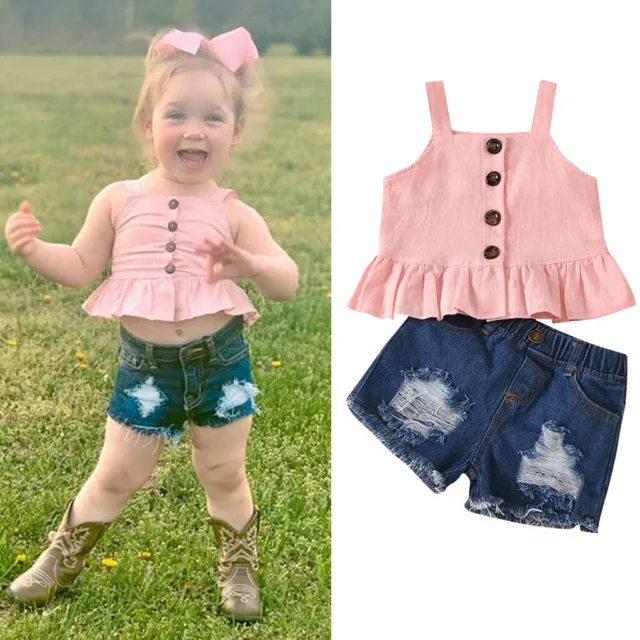 Toddler Kids Girls Sleeveless Ruffle Tops Ripped Jean Denim Shorts Outfits Kids