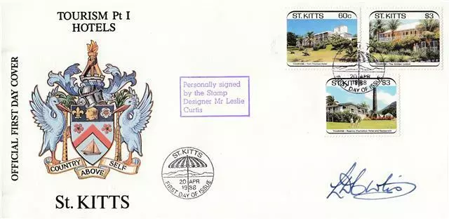 1988 St Kitts - Tourism Hotels FDC - Signed by Leslie Curtis (Stamp Designer)