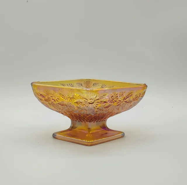 Vintage Indiana Amber Carnival Glass Pedestal Diamond Shaped Bowl Candy Dish 6.5