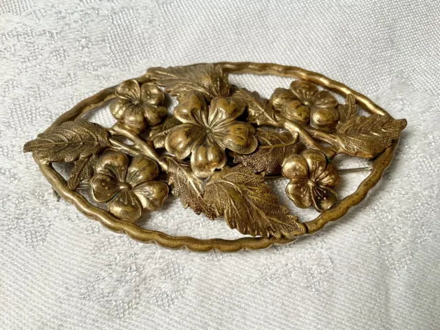 Vintage Art Nouveau Brass Pin Brooch C Clasp Floral Flower Design 22g Large 3”