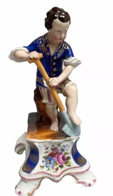 Porte-plume XIX è porcelaine polychrome socle Fleuri sujet Jeune Homme Bêchant