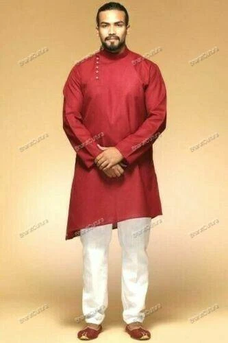 Mens Kurta Pathani Kurta Indian Traditional Wear Suit Solid Pattern Red Kurta