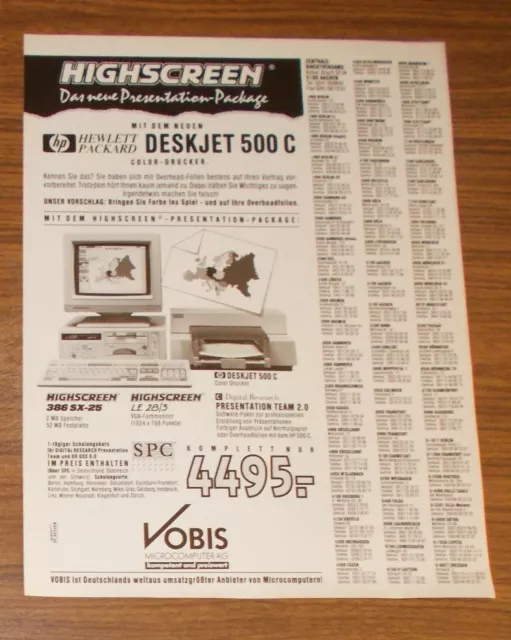 Seltene Werbung VOBIS HIGHSCREEN 386 SX-25 PC & HP DeskJet 500 C 1991