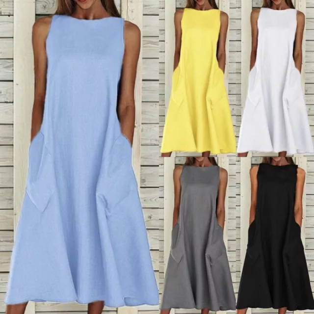 Ladies Long Tops Dress Midi Solid Color Vest Tanks Women 2 Pockets Dresses Beach