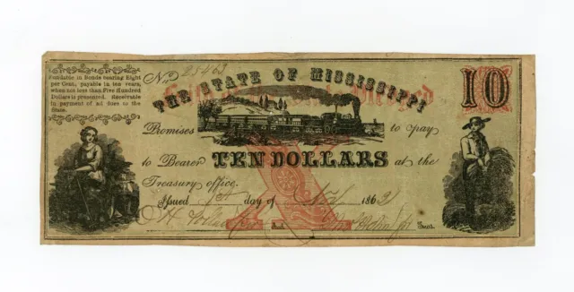 1862 Cr.35 $10 The State of MISSISSIPPI Note - CIVIL WAR Era w/ TRAIN