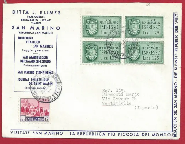 1951 Saint-Marin - Espressi, lettre datÃ©e de 1951 avec Espresso n. 9 en quatr