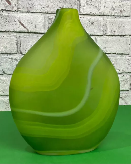 Hand Blown Art Glass Vase Frosted Green Swirl 11" Tall 10" Wide